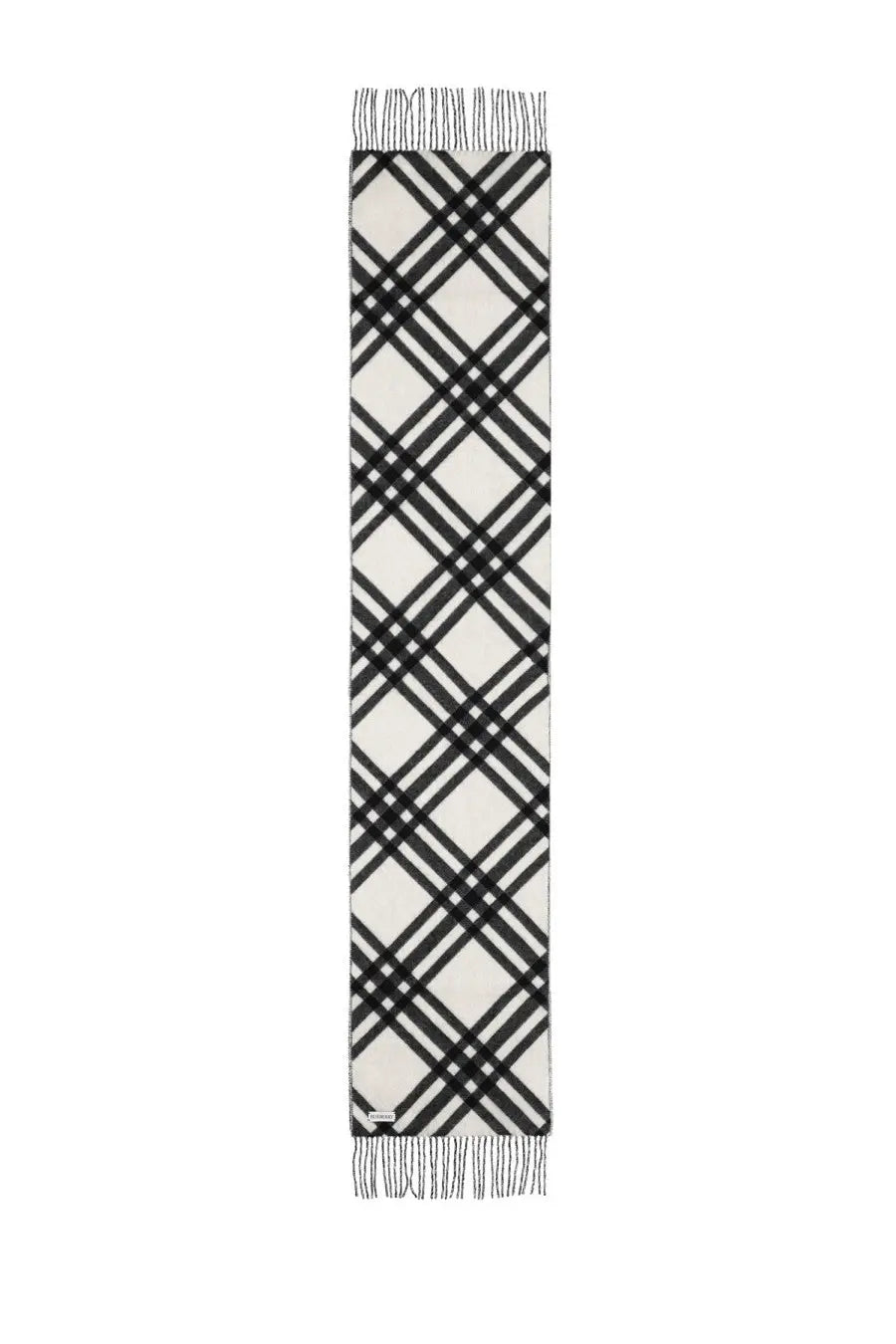 Burberry women’s scarf in black and white cashmere featuring a classic plaid check pattern with fringed ends