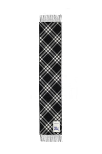 Burberry women’s cashmere check scarf in black and white with gray accents and fringed ends
