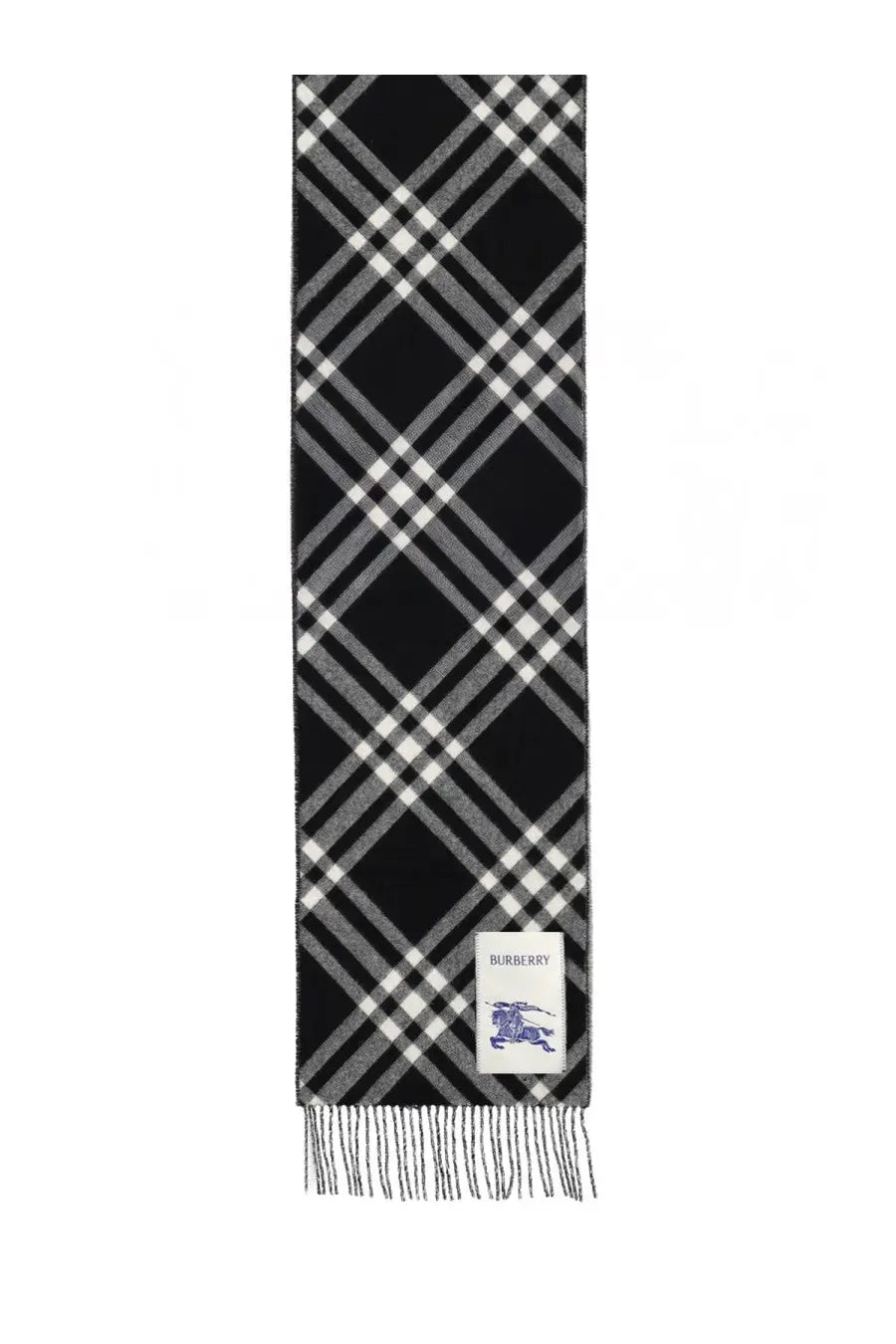 Burberry women’s sciara in cashmere check black black and white checkered scarf with gray accent and fringed ends