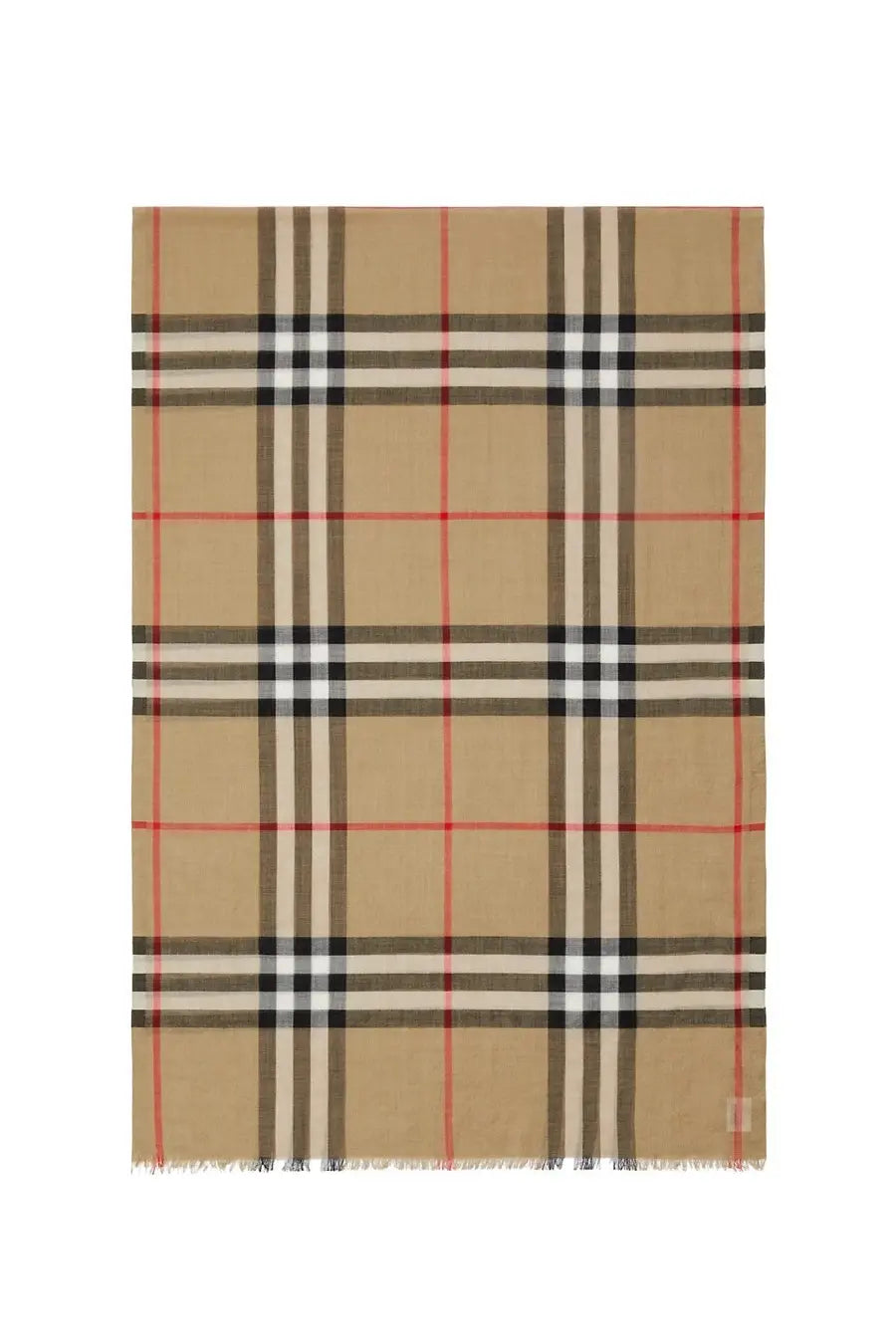 Beige Burberry women’s check scarf featuring black white and red stripes in a classic wool blend design