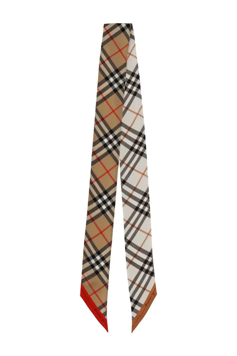 Burberry women’s beige black and red plaid silk scarf with classic Burberry check pattern titled Sciarpa Sottile Check Beige