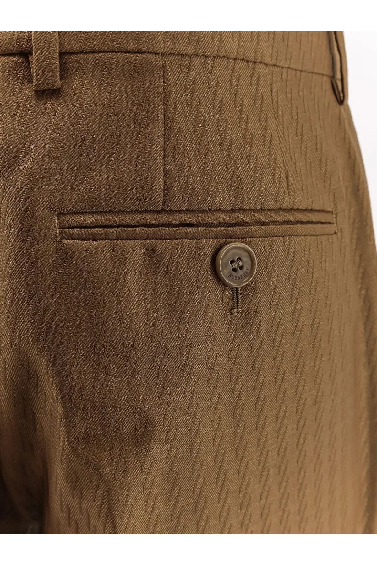Burberry women’s shelley brown wool and mohair trousers with tan herringbone pattern and matching button detail