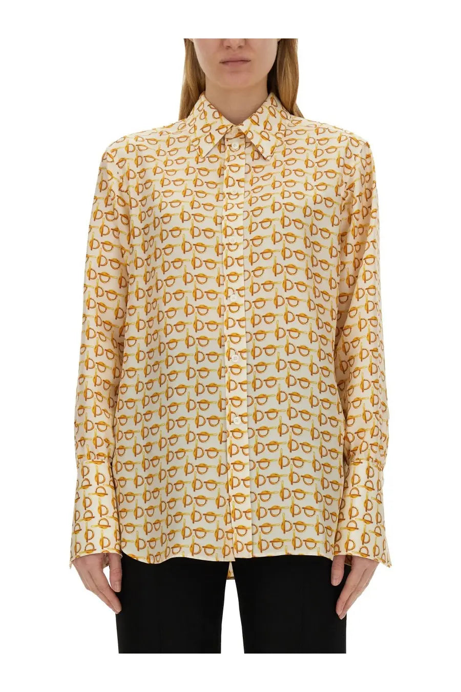 Burberry women’s shirt beige cream silk blouse with gold-toned abstract eye pattern for stylish wear
