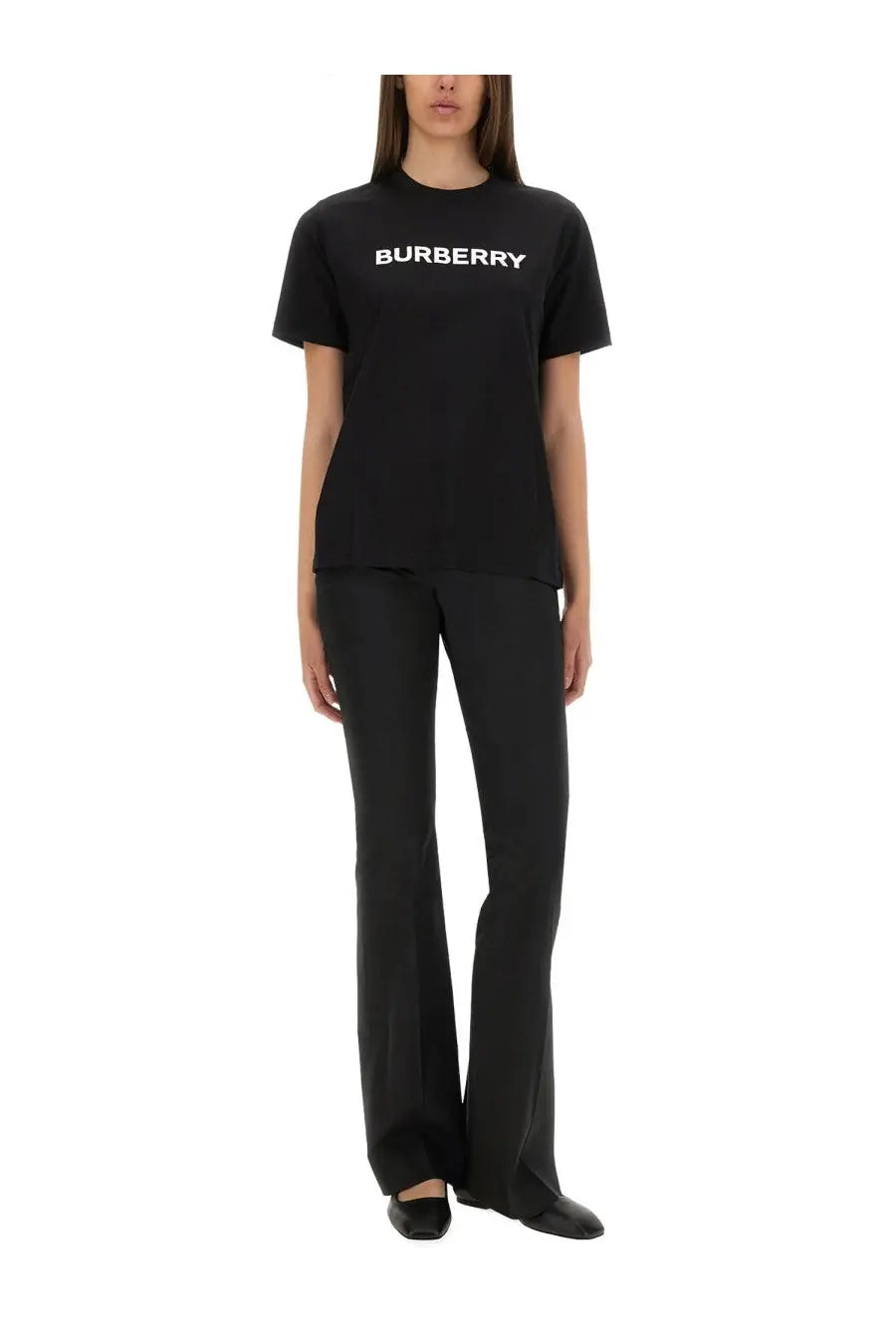 Black Burberry women’s t-shirt featuring white logo lettering across the chest in a casual cotton design