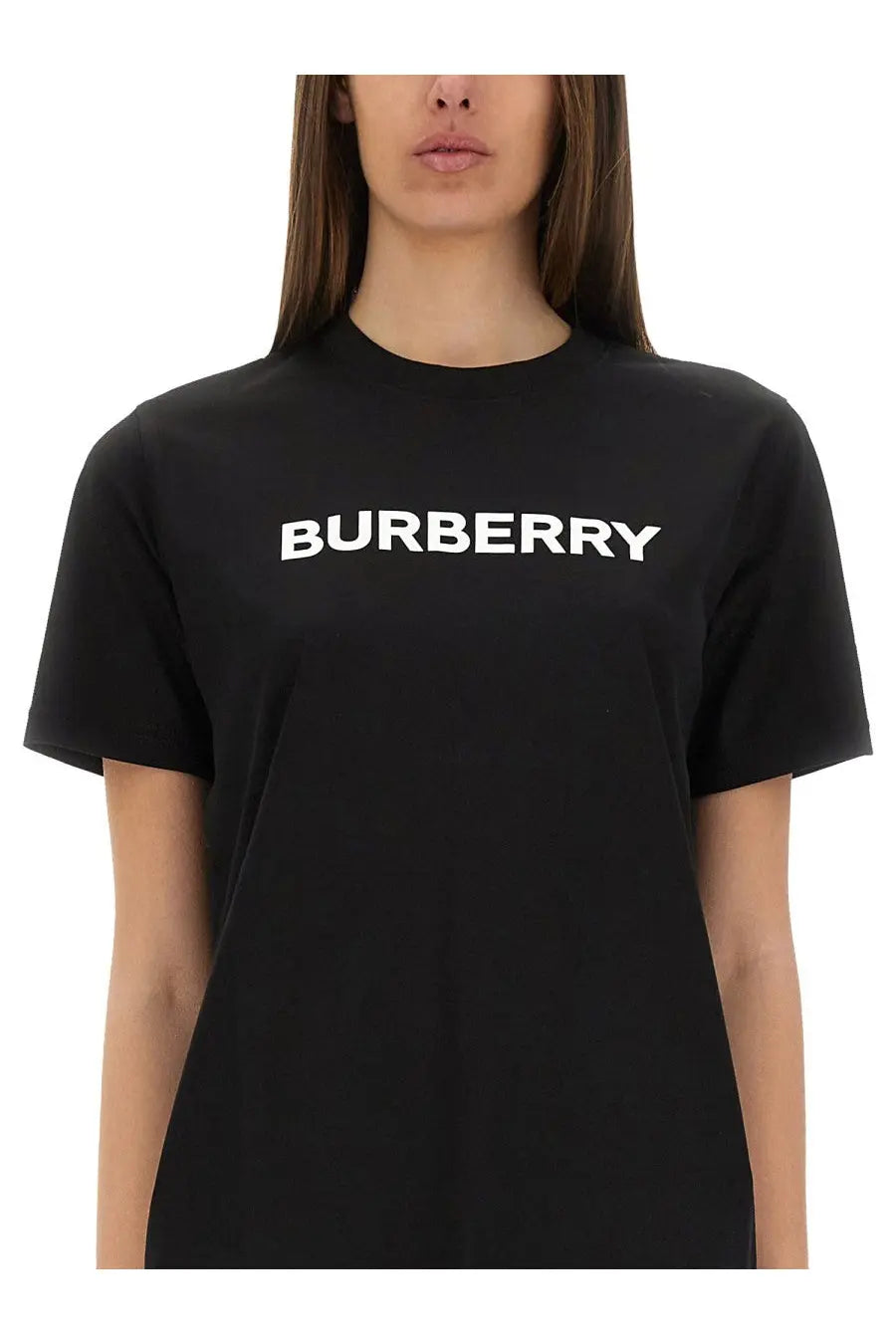 Burberry women’s black cotton t-shirt with bold white logo across the chest for casual wear