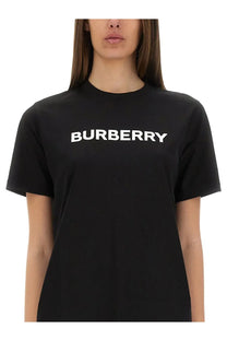 Burberry women’s black cotton t-shirt with bold white logo across the chest for casual wear