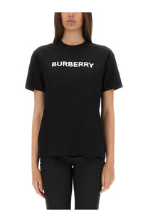Burberry women’s black t shirt with bold white logo across the chest in soft cotton material