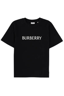 Black burberry women’s shirt featuring a white burberry logo across the chest in a comfortable t-shirt material
