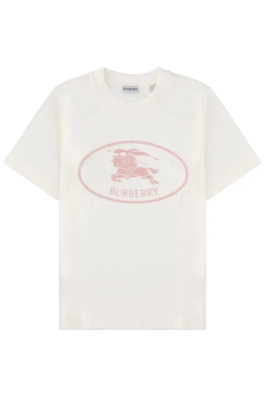 Cream-colored cotton Burberry women’s shirt con white featuring a pink embroidered oval logo with horse and rider emblem