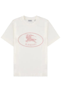 Cream-colored cotton Burberry women’s shirt con white featuring a pink embroidered oval logo with horse and rider emblem