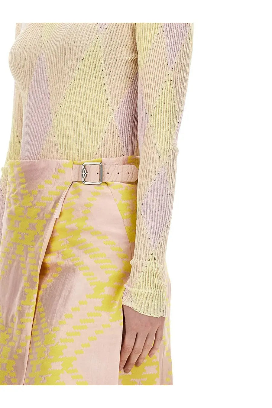 A pale pink leather belt with a silver-toned rectangular buckle for burberry women’s shirt multicolor