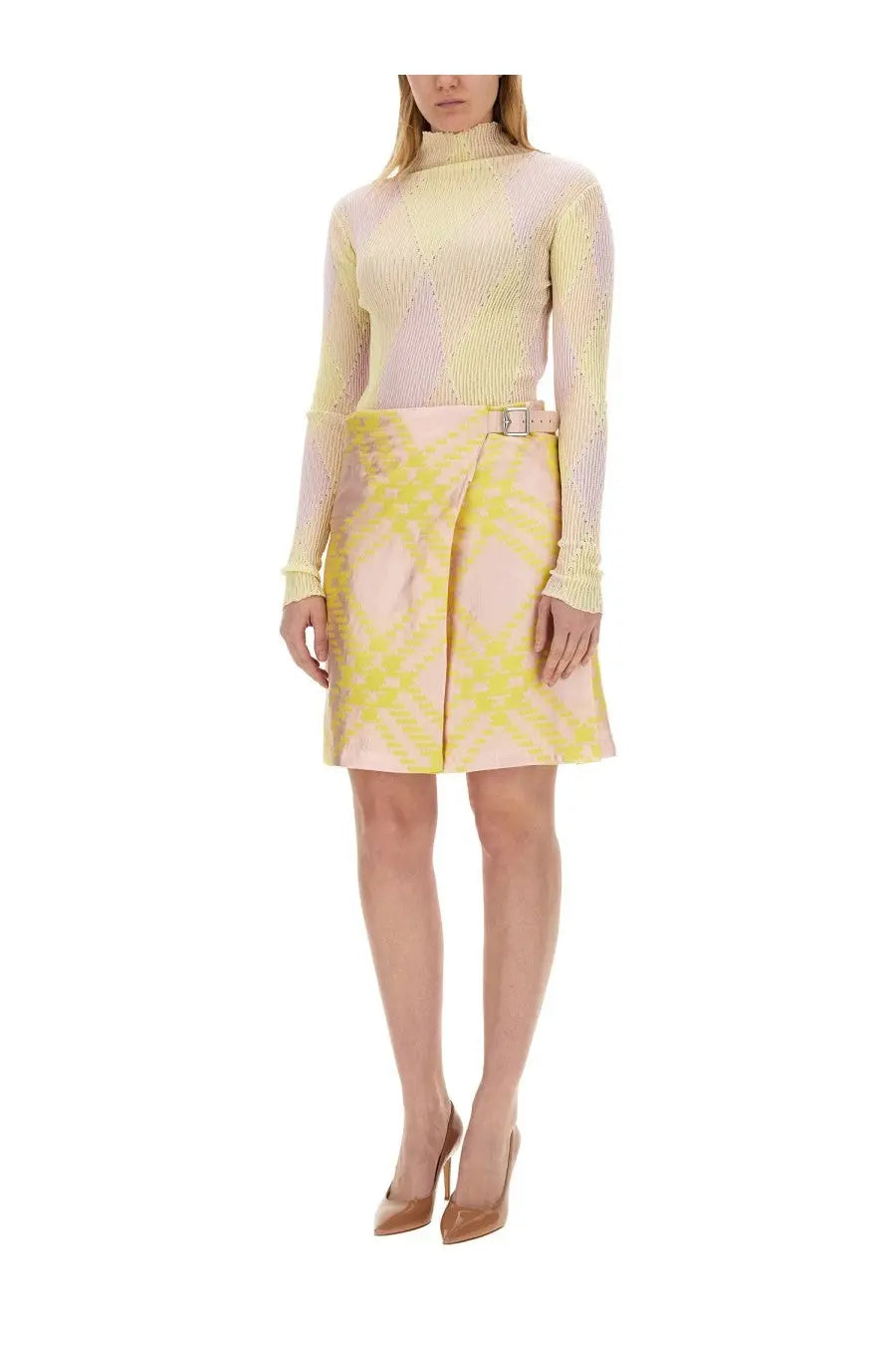 Pastel pink and yellow plaid mini skirt with matching belt buckle by burberry women’s shirt multicolor collection