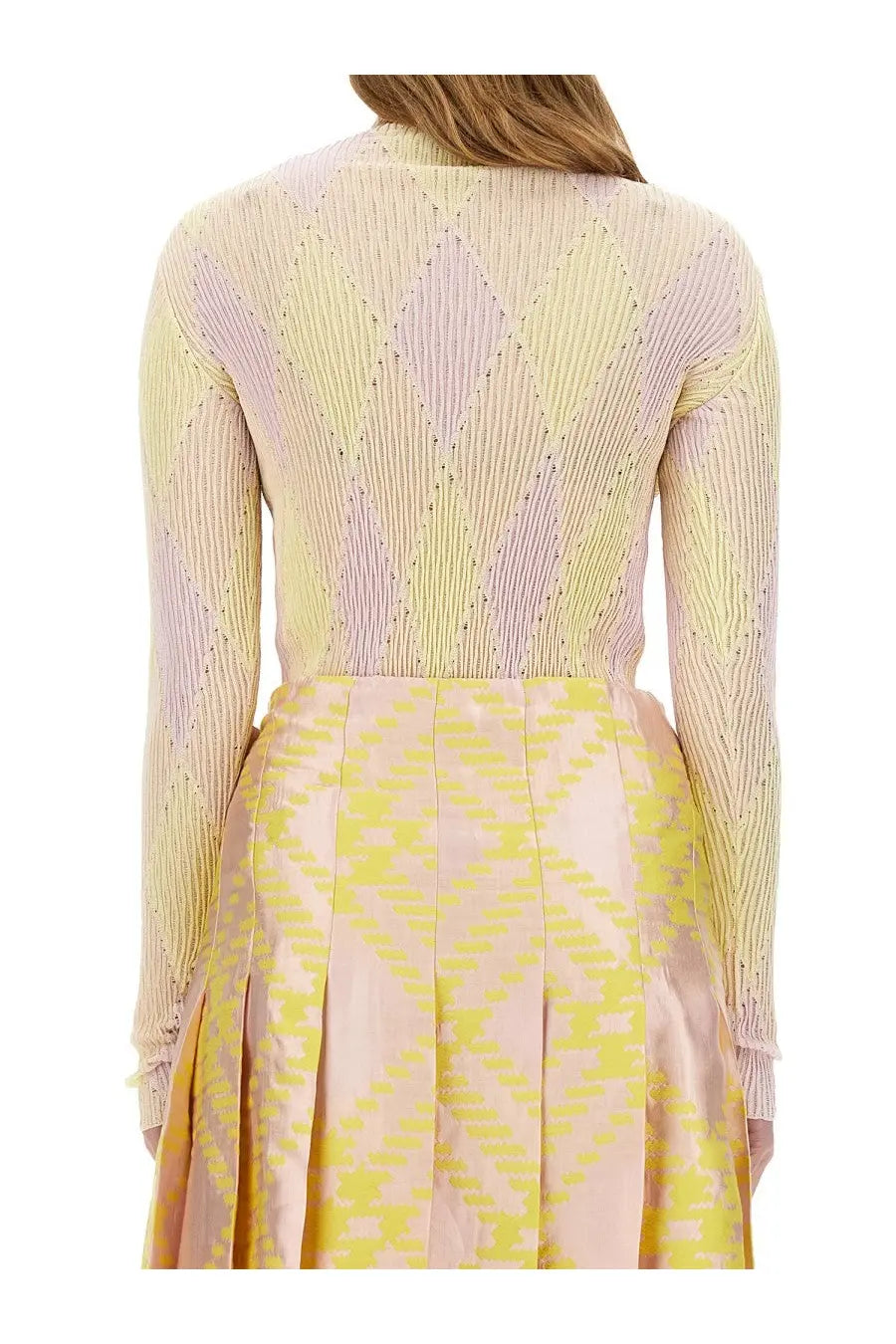 Burberry women’s multicolor shirt featuring a pastel yellow and lavender argyle ribbed knit with speckled detailing