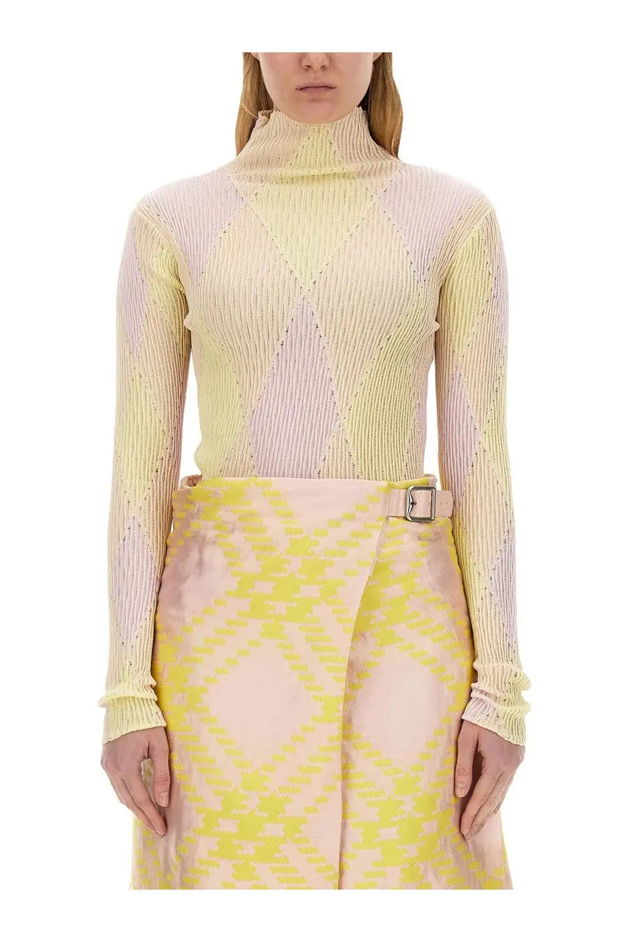 Burberry women’s multicolor pastel yellow and pink argyle ribbed knit turtleneck sweater with subtle shimmer