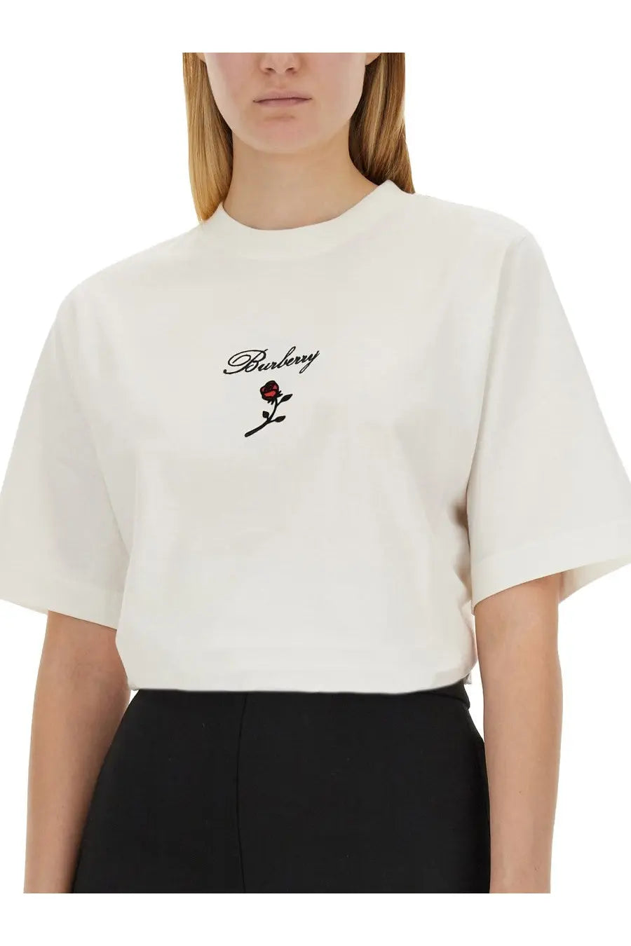 Cream-colored cropped cotton t-shirt for women featuring black embroidered burberry logo with red rose detail