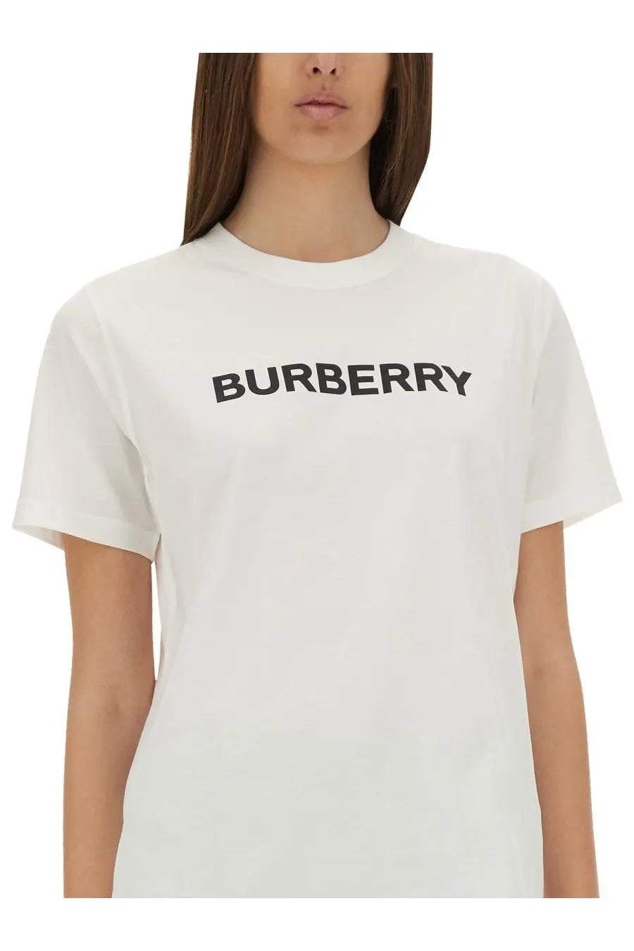 Burberry women’s white shirt t-shirt with black printed lettering across the chest in cotton material