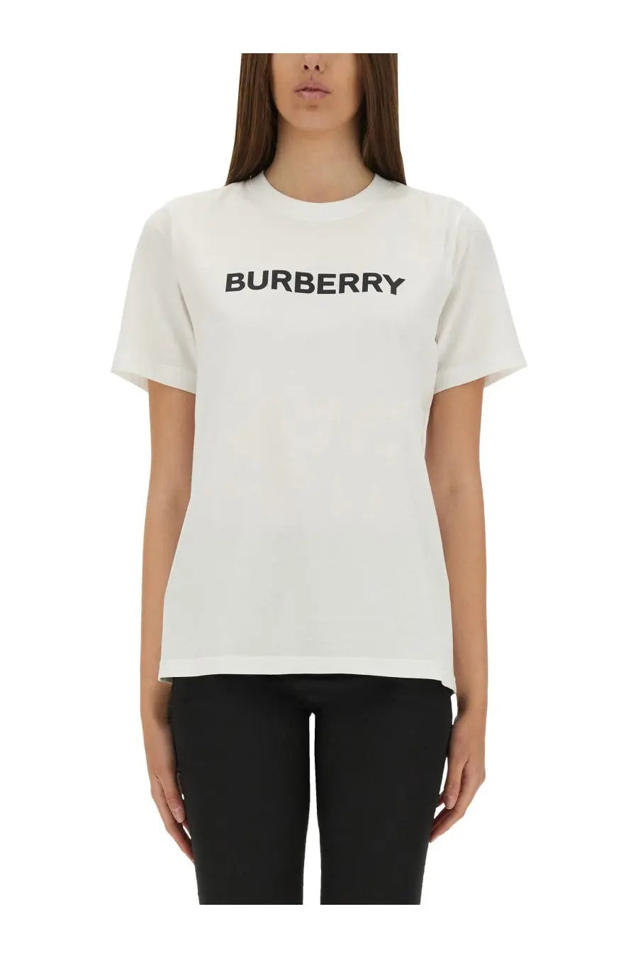 White burberry women’s t-shirt with black printed logo lettering across the chest in cotton fabric