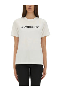 White burberry women’s t-shirt with black printed logo lettering across the chest in cotton fabric