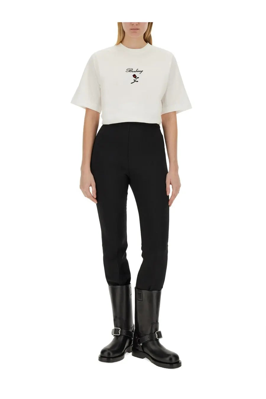 White Burberry women’s short-sleeved shirt with embroidered logo and rose design on the chest