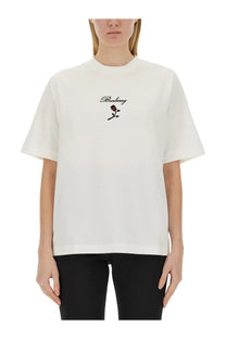 Burberry women’s white t-shirt with small embroidered rose logo on chest made from soft cotton material