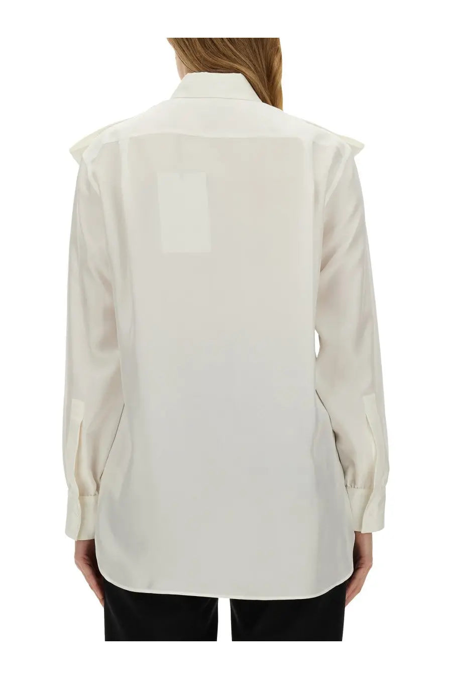 Burberry women’s silk shirt white cream-colored long-sleeved blouse with structured collar and ruffled shoulder detailing