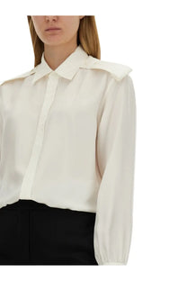 Burberry women’s cream-colored satin silk blouse with structured collar and long sleeves