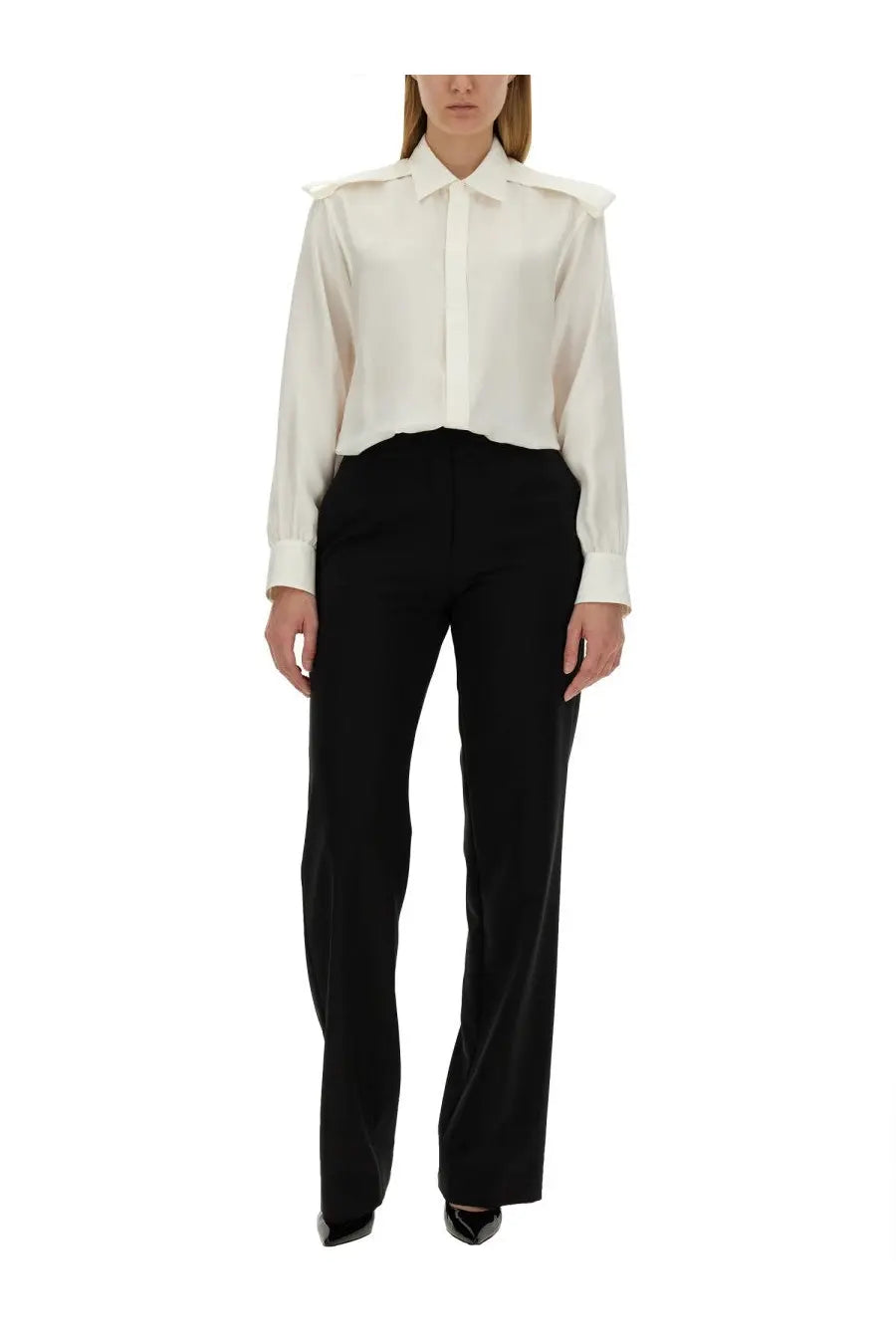 Burberry women’s cream-colored satin silk blouse with structured shoulders and long sleeves
