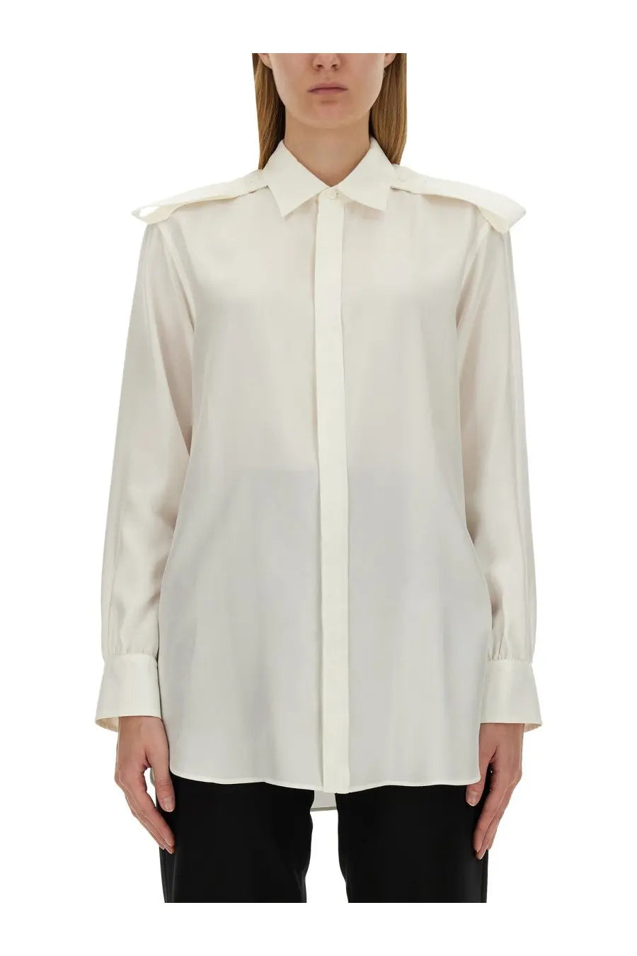Burberry women’s cream-colored silk shirt with structured shoulder pads and classic button-down front