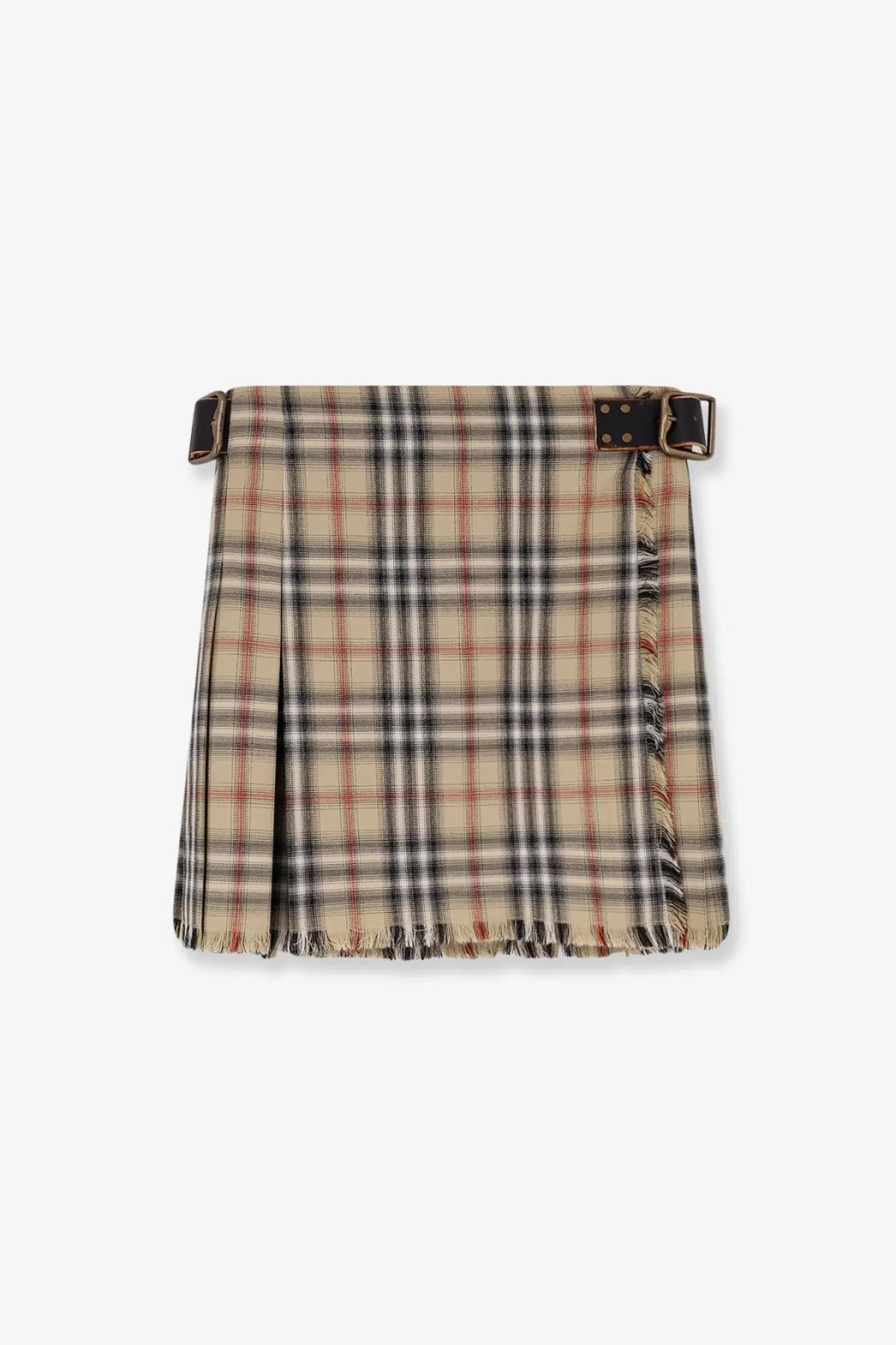 Burberry women’s skye beige cotton kilt featuring beige black and red plaid with pleats and leather belt loops