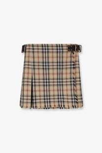 Burberry women’s skye beige cotton kilt featuring beige black and red plaid with pleats and leather belt loops