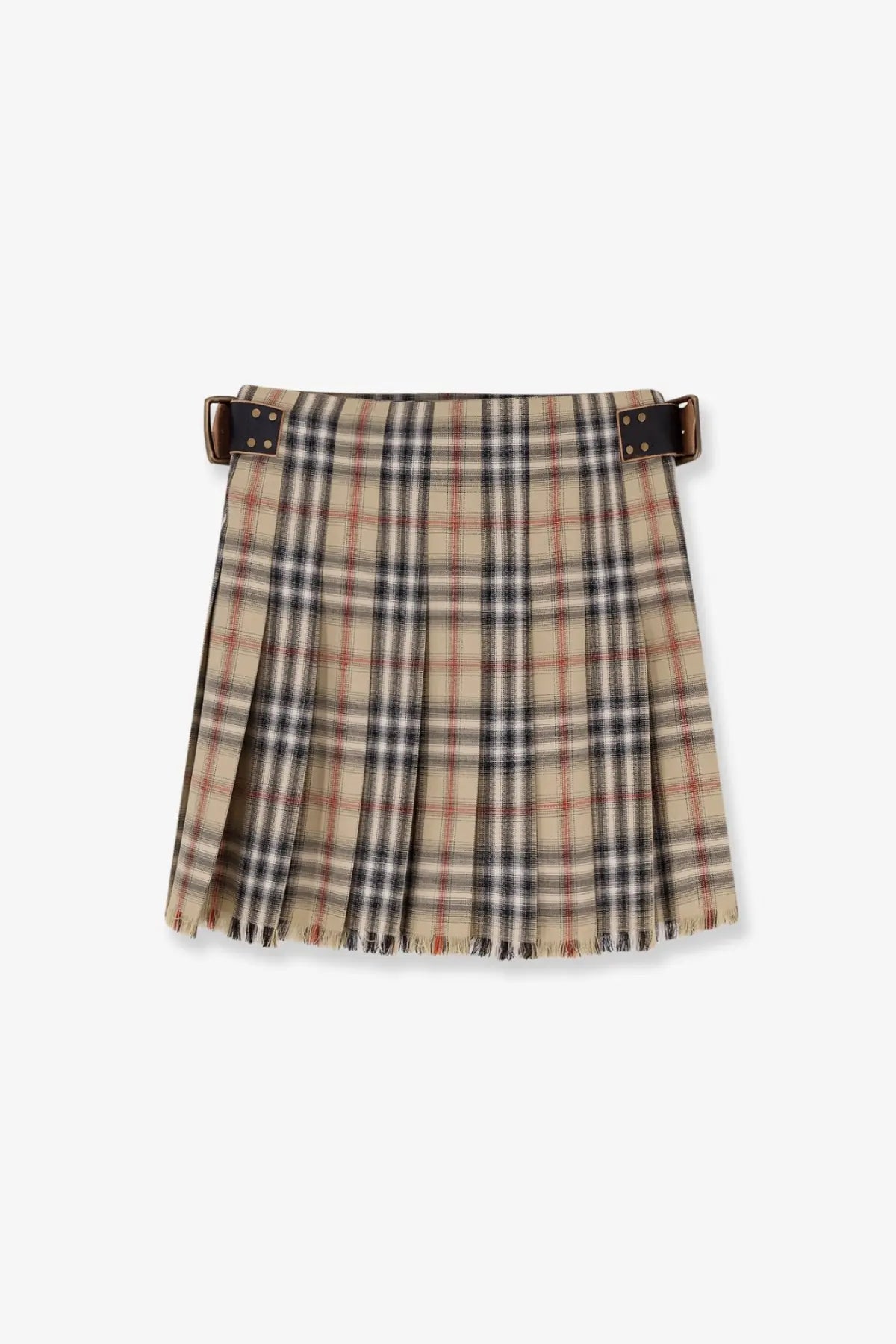 Burberry women’s beige cotton kilt mini skirt with beige black and red plaid and brown leather belt buckle
