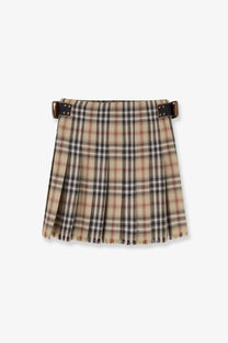 Burberry women’s beige cotton kilt mini skirt with beige black and red plaid and brown leather belt buckle