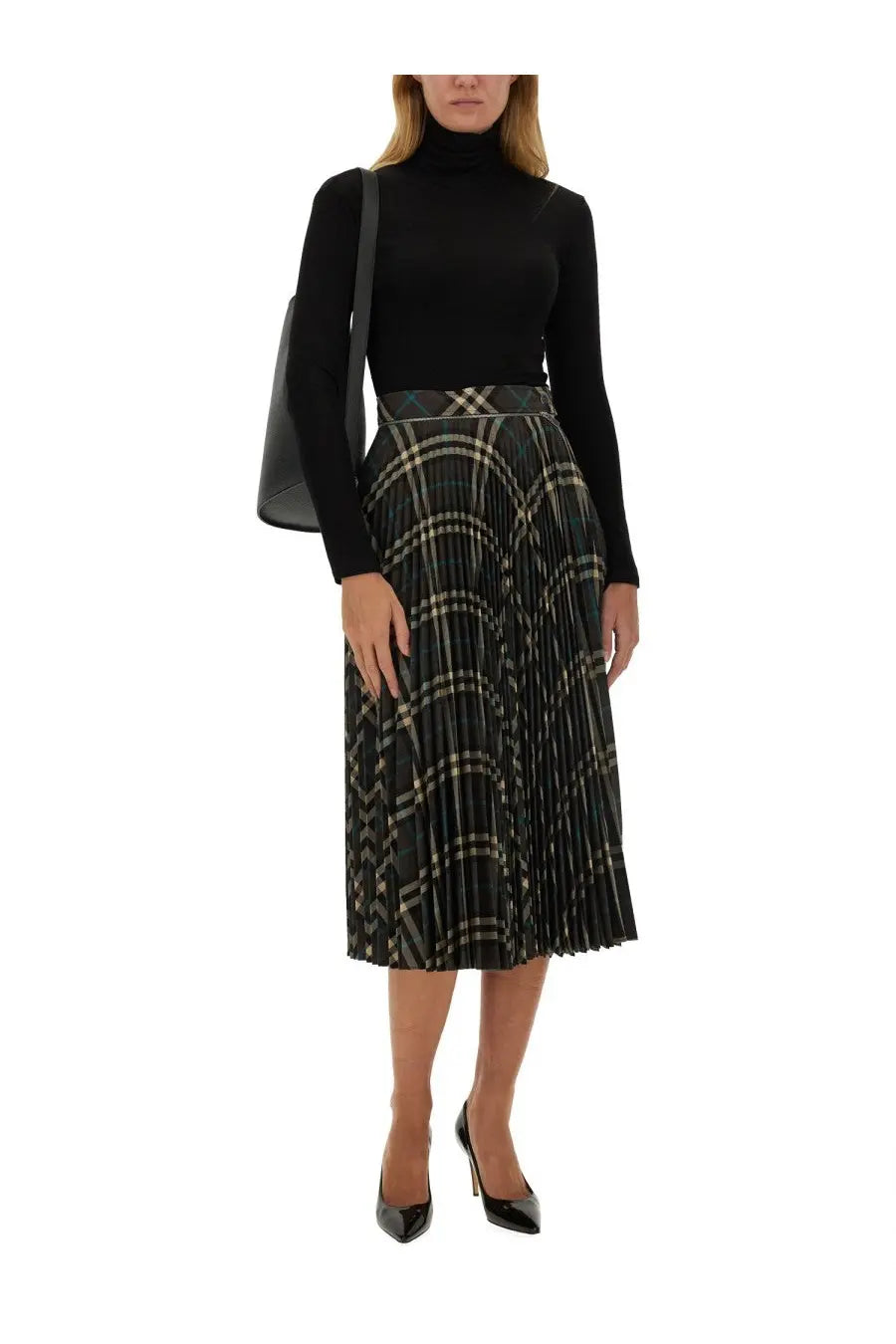 Burberry women’s squared black and beige plaid pleated midi skirt made from multicolor fabric for stylish wear