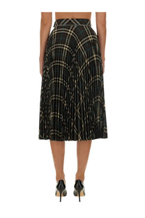 Burberry women’s black pleated midi skirt with geometric beige and teal plaid pattern multicolor design