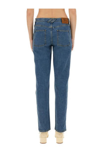 Burberry women straight fit blue denim jeans with classic straight leg and brown leather brand patch at waistband back side
