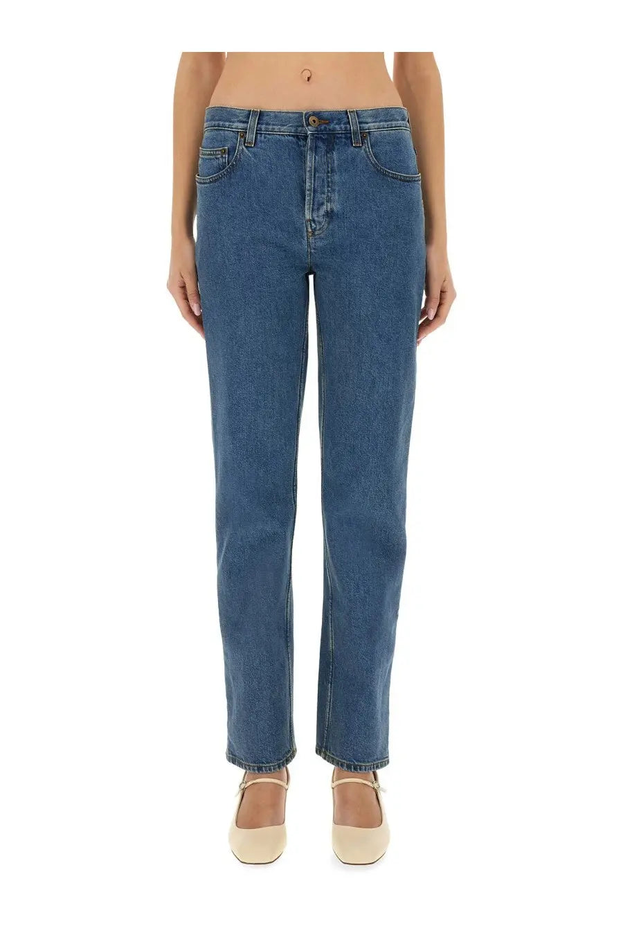Burberry women’s blue medium-wash denim straight fit jeans with five-pocket design and classic straight-leg cut