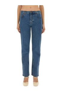 Burberry women’s blue medium-wash denim straight fit jeans with five-pocket design and classic straight-leg cut