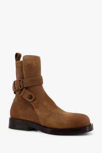 Burberry women’s suede boat ankle boot in tan with dark brown buckle strap and matching rubber sole