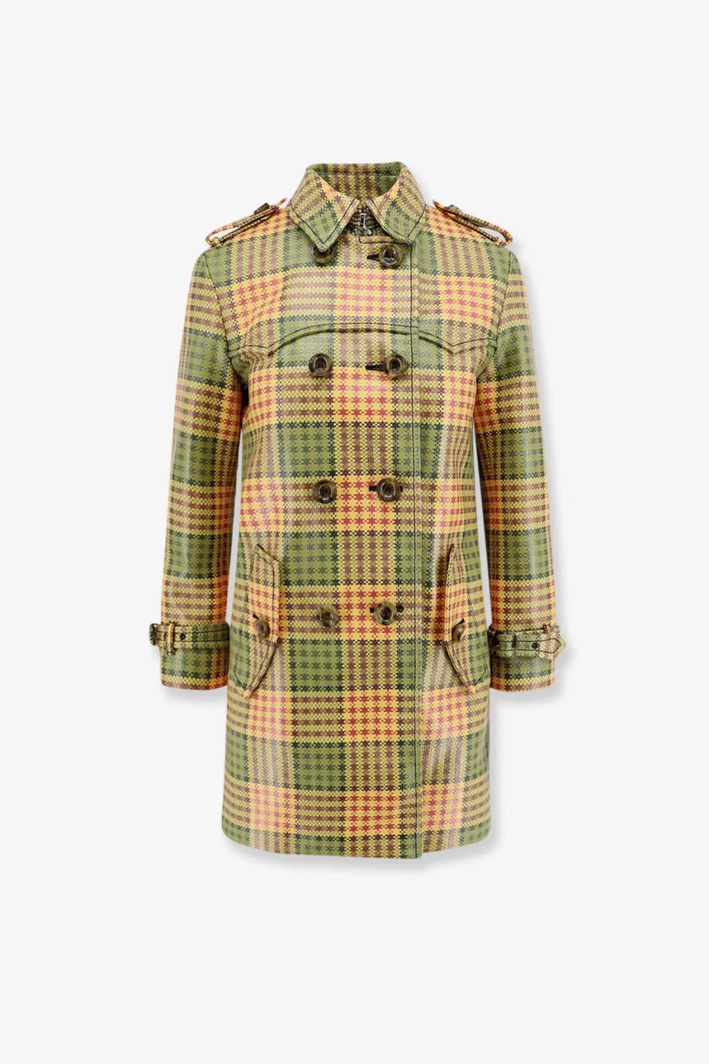 Burberry women’s Summerside multicolor madras trench coat featuring green and peach plaid with double-breasted front