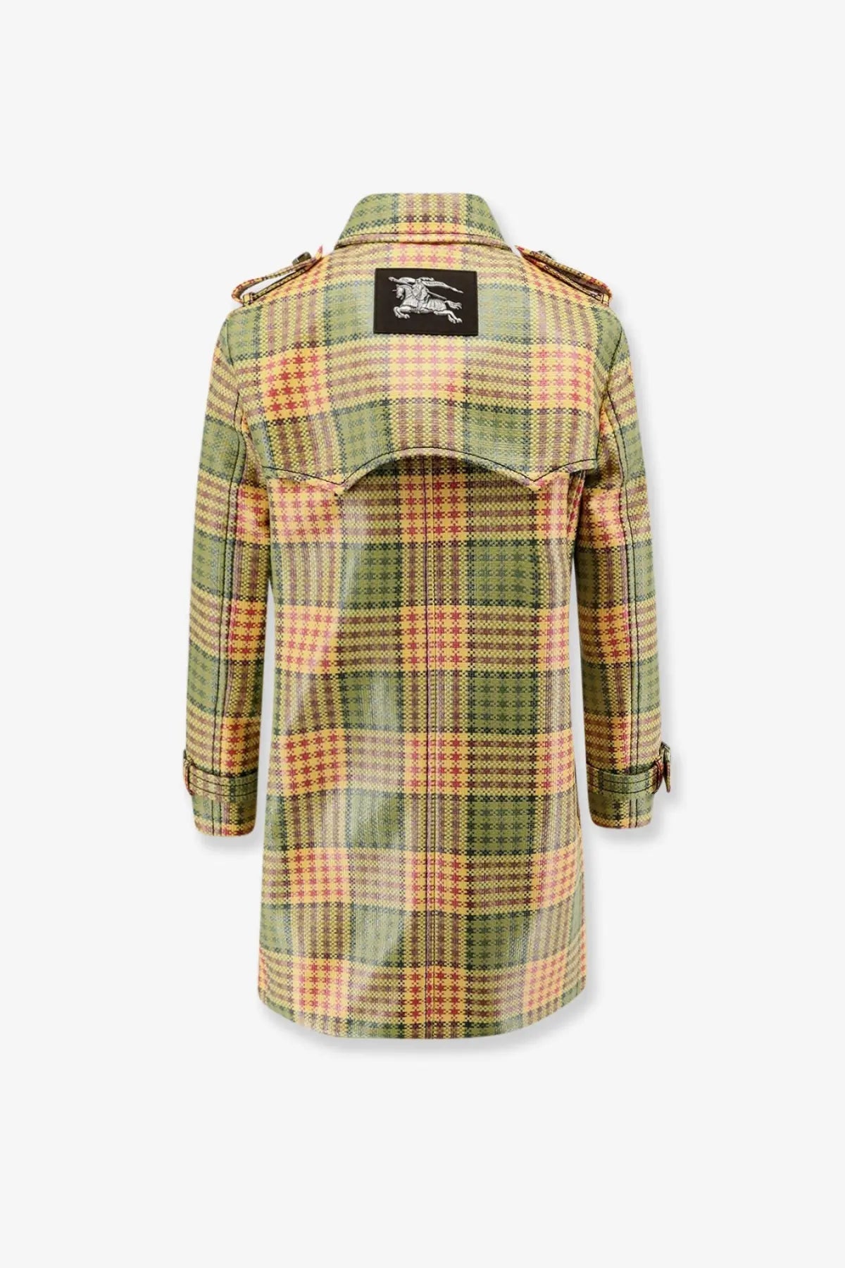 Burberry women’s summerside multicolor madras coat back side showing green and beige plaid trench coat with black logo patch