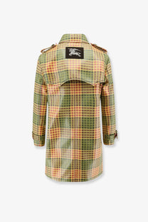 Burberry women’s summerside multicolor madras coat back side showing green and beige plaid trench coat with black logo patch