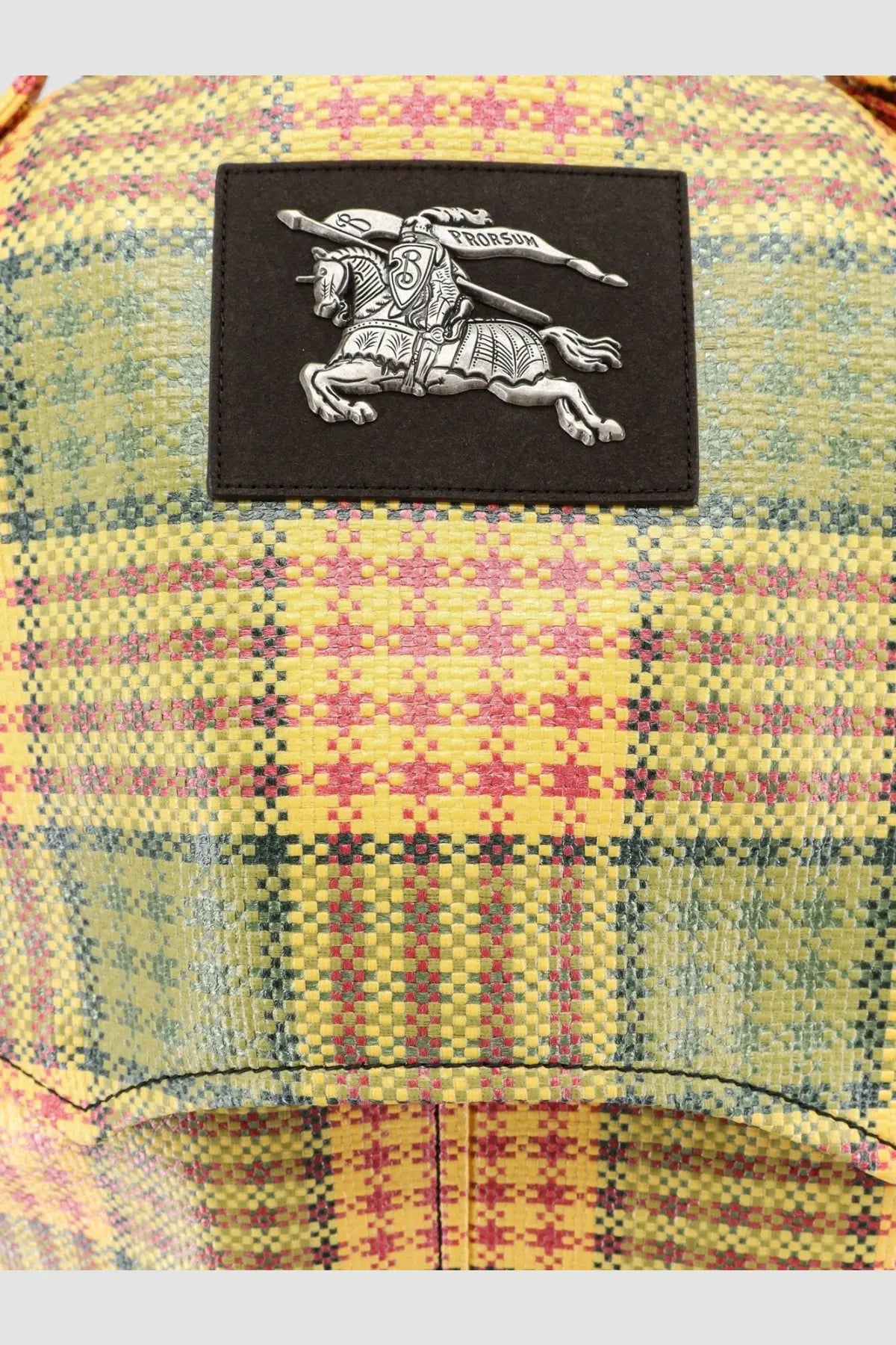 Burberry women’s Summerside multicolor madras coat with vibrant yellow red green plaid and black leather patch knight logo