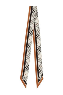 Burberry women’s thin check scarf in beige black and orange plaid with classic check pattern and branded logo at each end