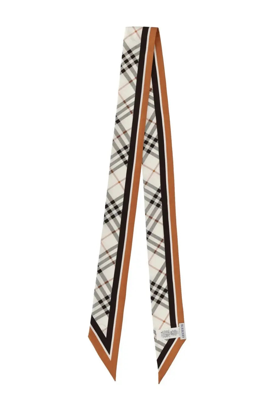Burberry women’s thin check scarf in beige black and rust plaid silk with classic Burberry check pattern