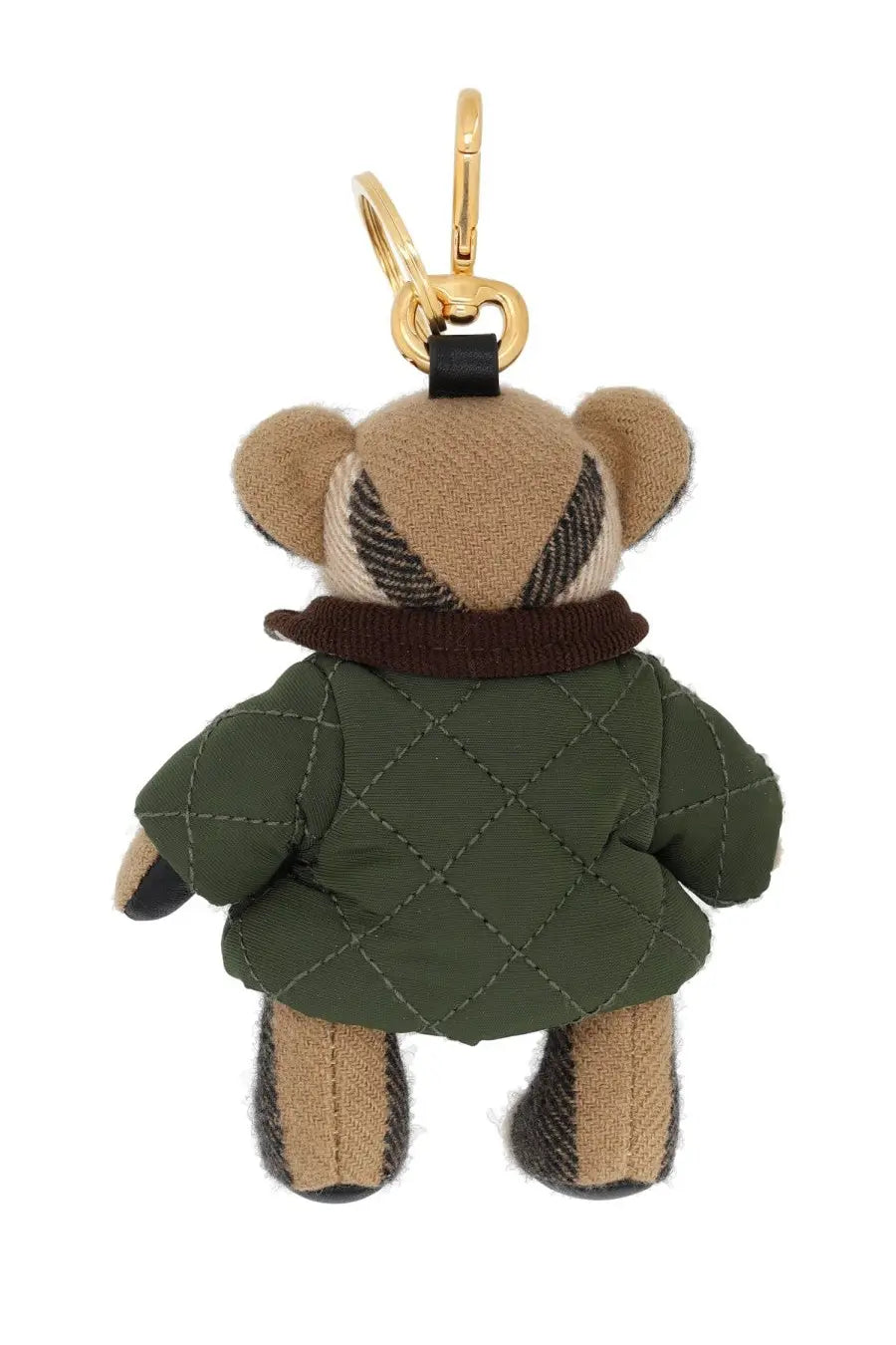 Burberry women’s olive green quilted jacket teddy bear keychain with beige and brown plaid accents multicolor charm