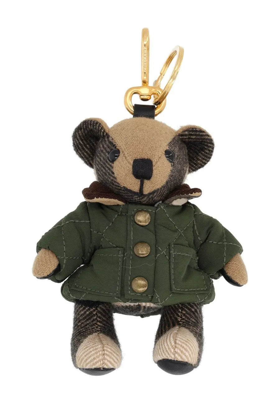 Burberry womens thomas bear charm multicolor featuring an olive green quilted jacket teddy bear keychain with gold clasp