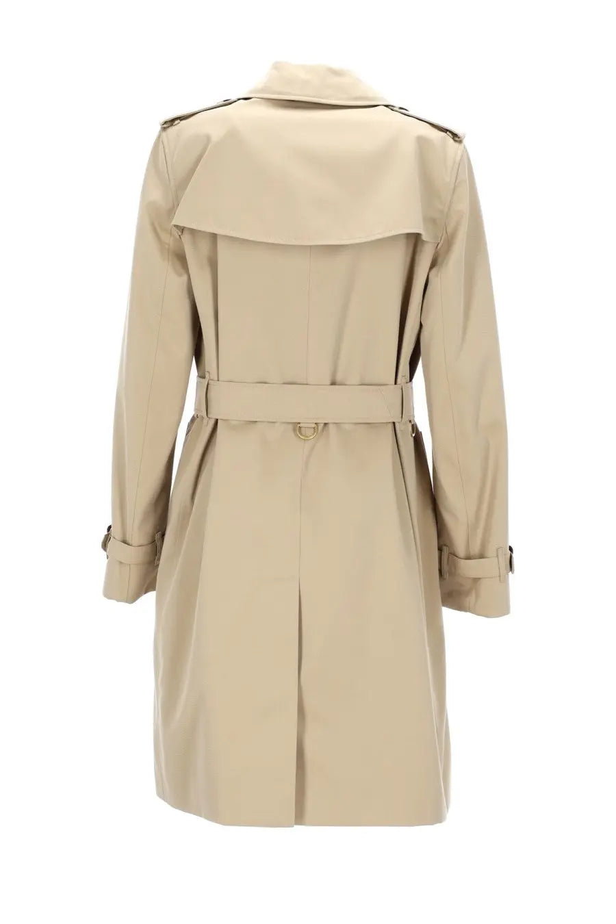 Beige trench coat with belted waist and classic collar from Burberry women’s trench heritage Kensington collection