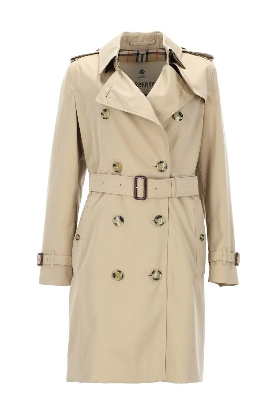 Burberry women’s trench heritage kensington beige trench coat with belted waist silver buttons and shoulder epaulets