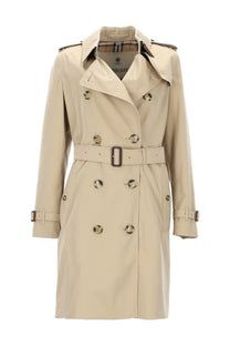 Burberry women’s trench heritage kensington beige trench coat with belted waist silver buttons and shoulder epaulets