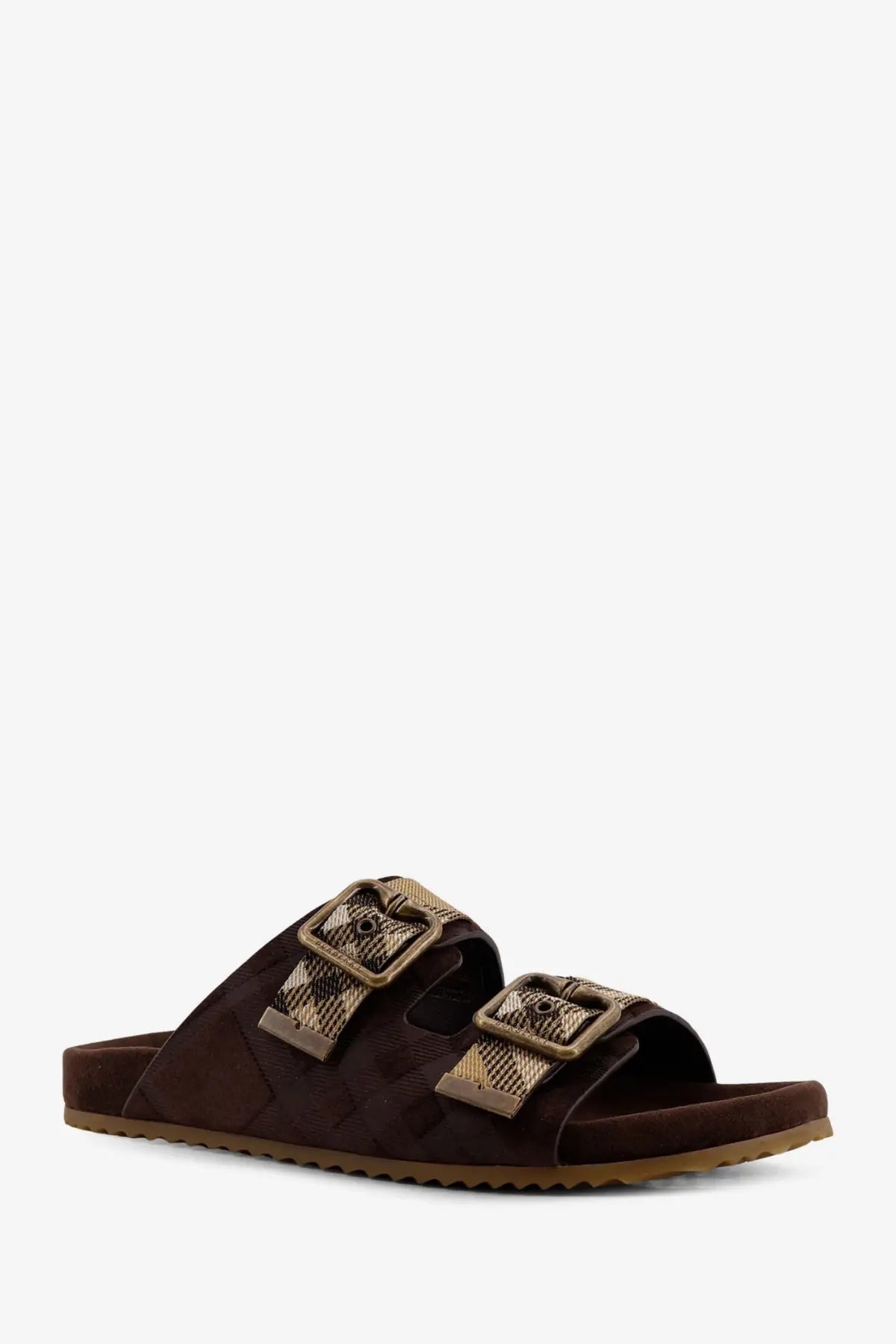 Burberry women’s white Urchin slide sandal made of brown suede with two adjustable metallic buckle straps and textured pattern